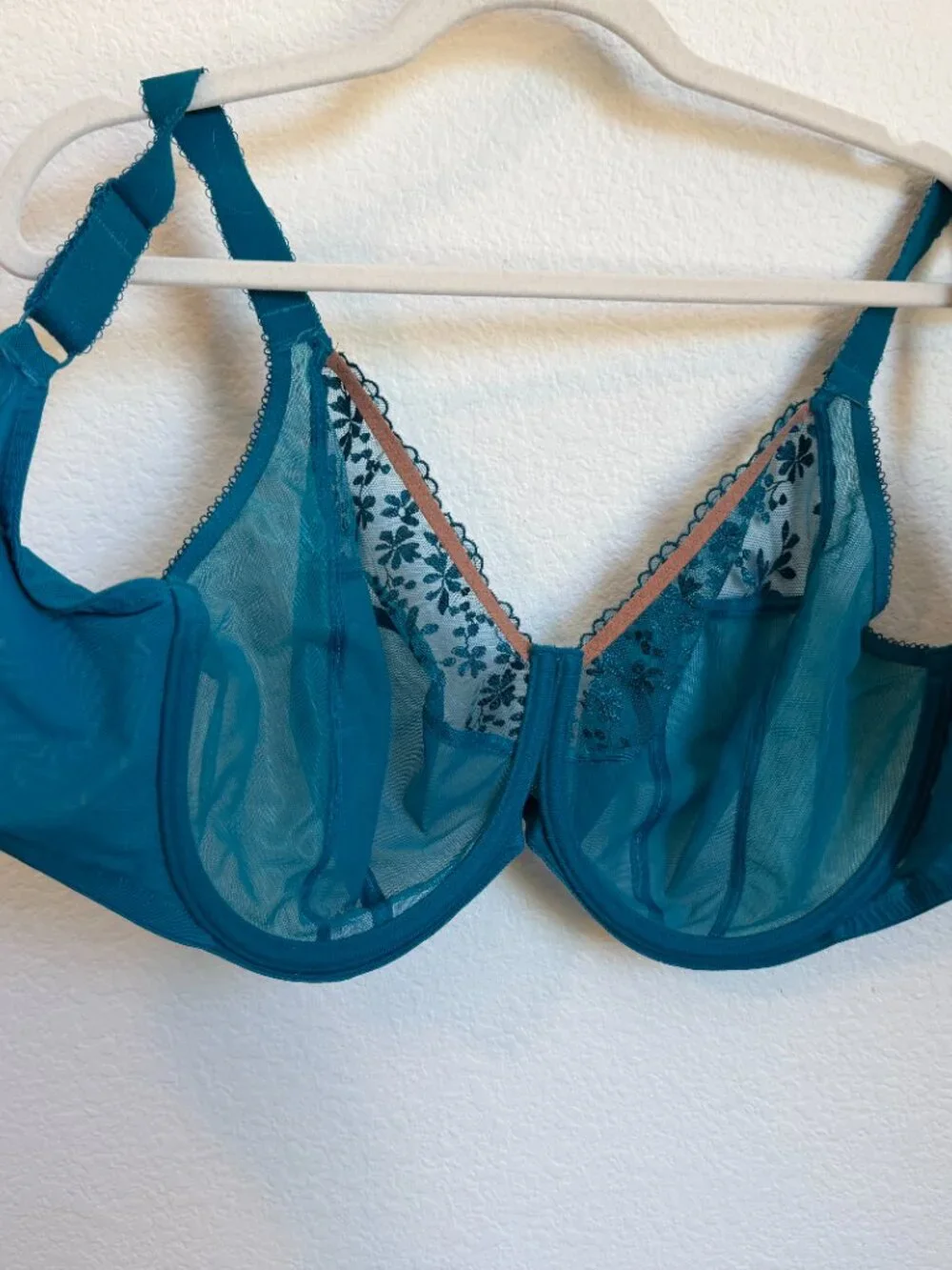Elomi Zarla Plunge Underwire Bra Teal Embroidered Mesh 36HH